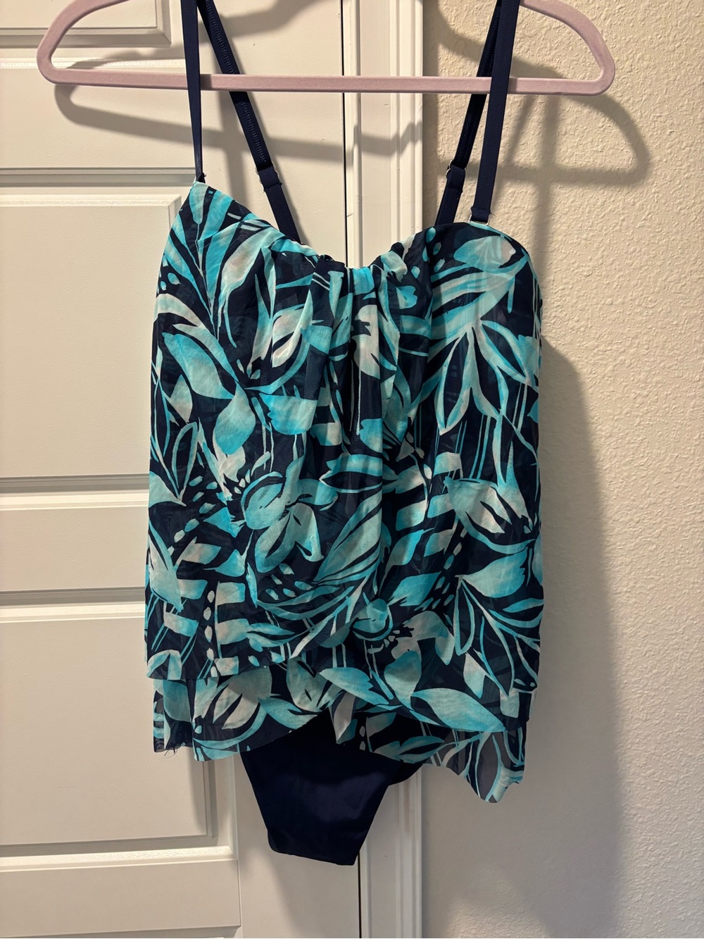 Lands End Navy & Teal Floral Layered one piece swim suit. Never worn!